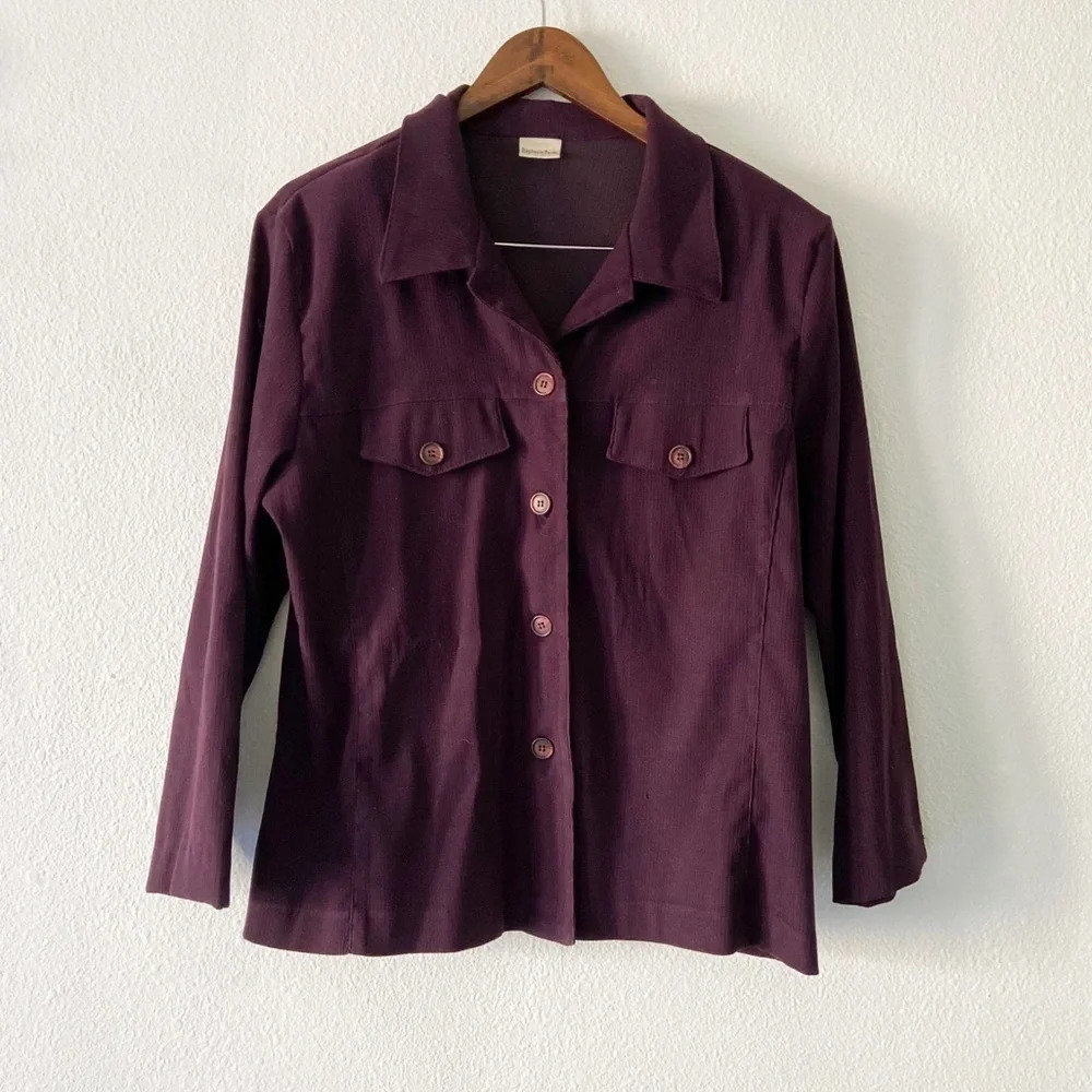 Shacket Retro Shirt Jacket Eggplant Ribbed Textured Button Up Pockets XL Fall